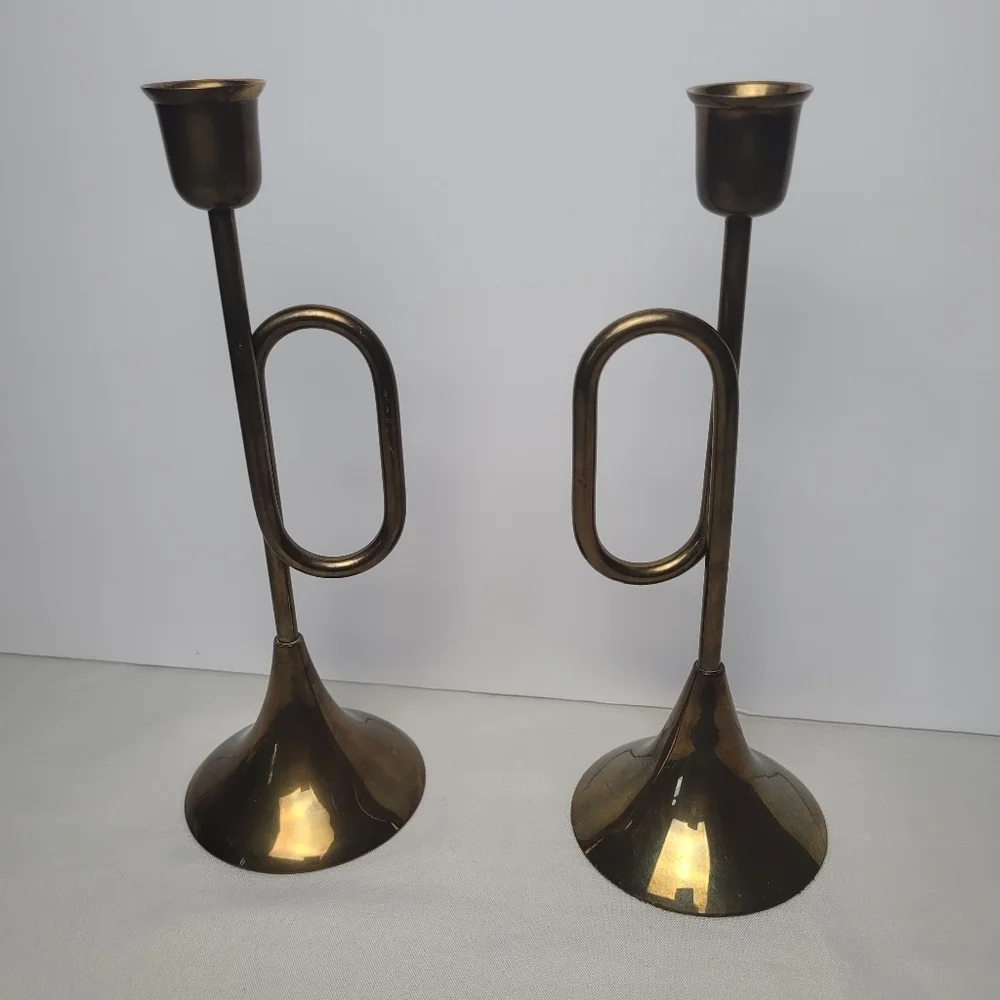 Solid Brass MCM Tumpet Shaped Candle Holders Set Of 2 India